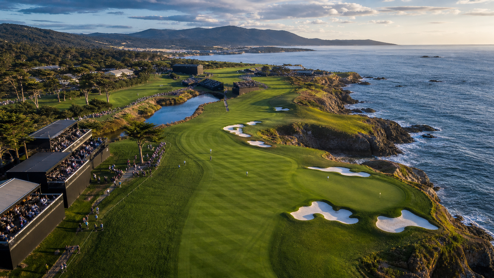 A panoramic fictional coastal golf course after the round