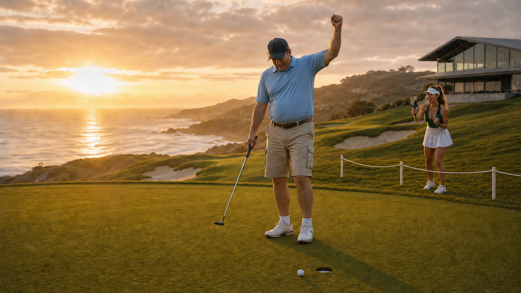 A fictional dad-bod golfer celebrating a putt left short while precisely one adult golf-influencer fan cheers from behind a rope off the green